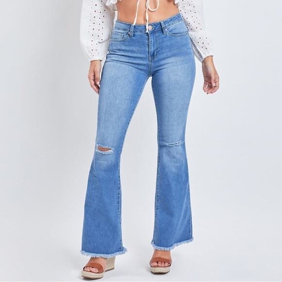 YMI Women’s Essential High Rise Flare Distressed Fray Hem Denim Jeans Regular - Picture 1 of 5